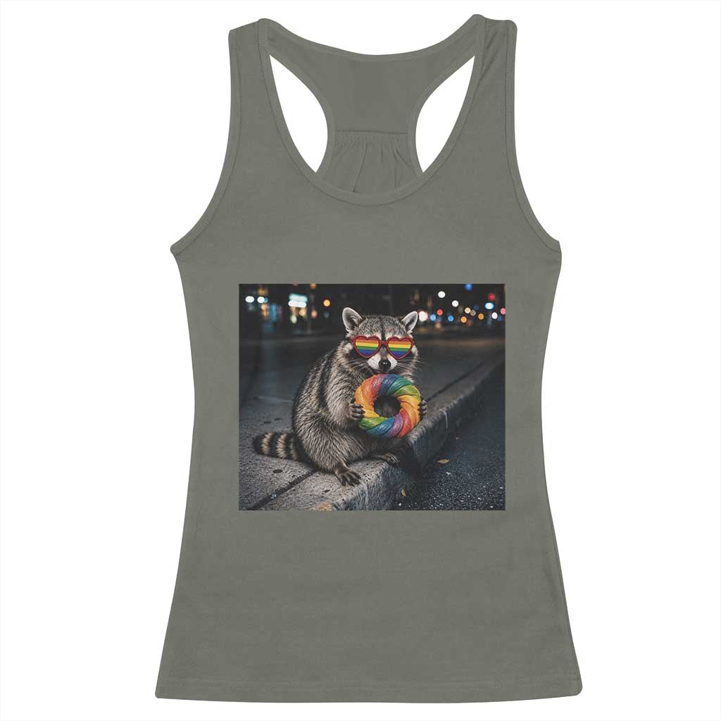 Raccoon Eating Baguette Graphic Racerback Tank Top Humorous Gay Pride Gift TS12 Military Green Print Your Wear
