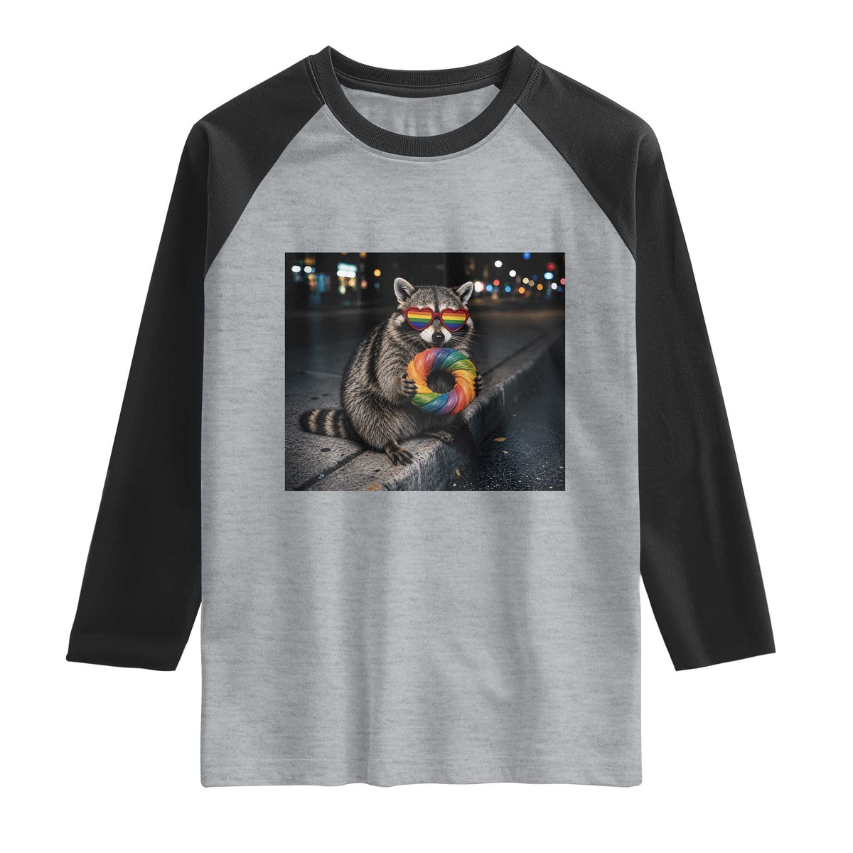 Raccoon Eating Baguette Graphic Raglan Shirt Humorous Gay Pride Gift TS12 Heather Gray Black Print Your Wear