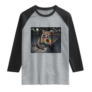 Raccoon Eating Baguette Graphic Raglan Shirt Humorous Gay Pride Gift TS12 Heather Gray Black Print Your Wear