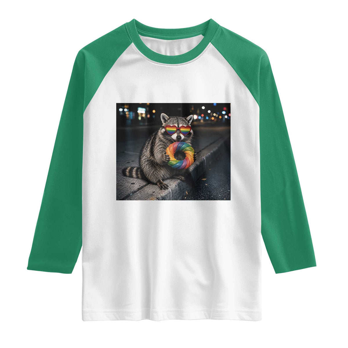 Raccoon Eating Baguette Graphic Raglan Shirt Humorous Gay Pride Gift TS12 White Kelly Green Print Your Wear