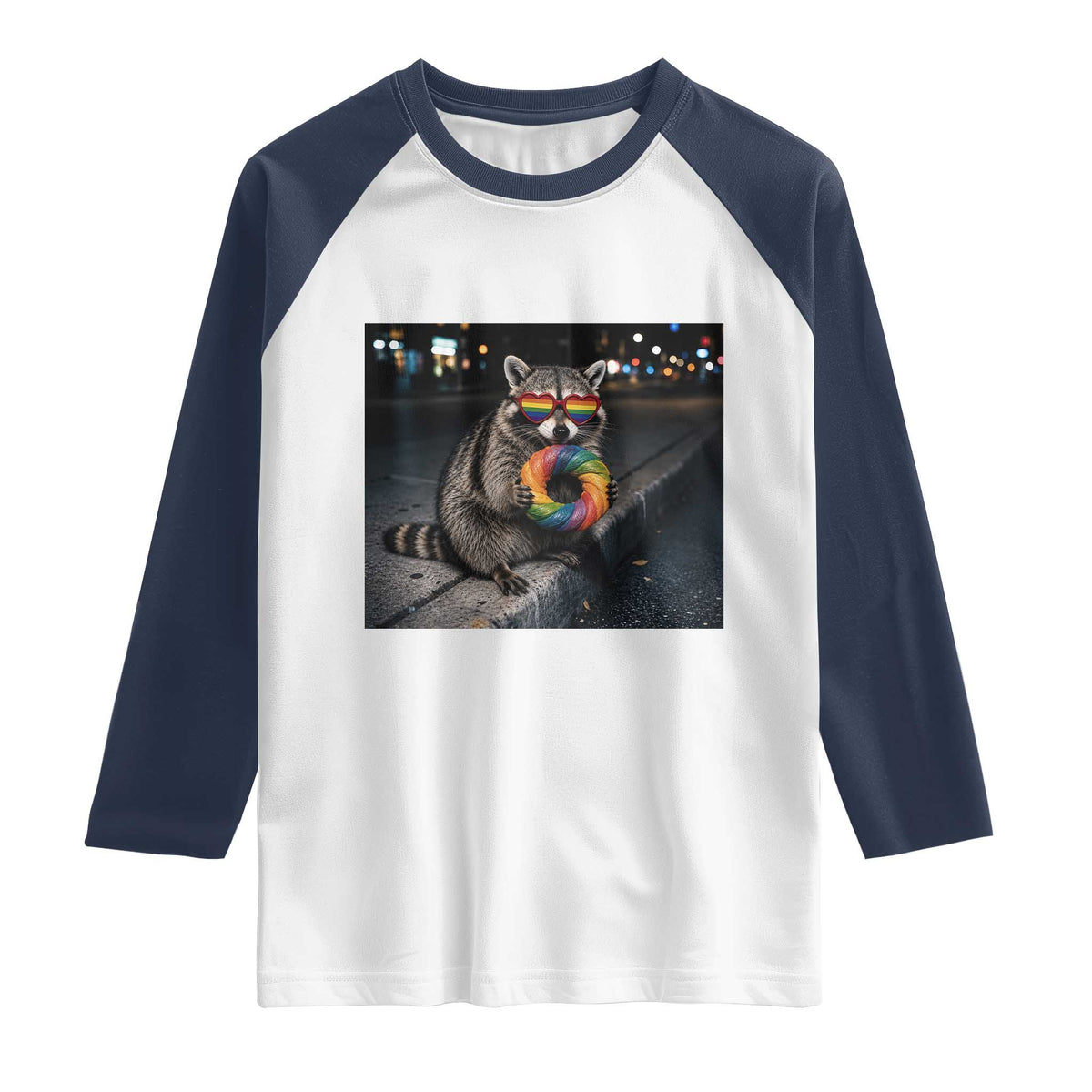 Raccoon Eating Baguette Graphic Raglan Shirt Humorous Gay Pride Gift TS12 White Navy Print Your Wear