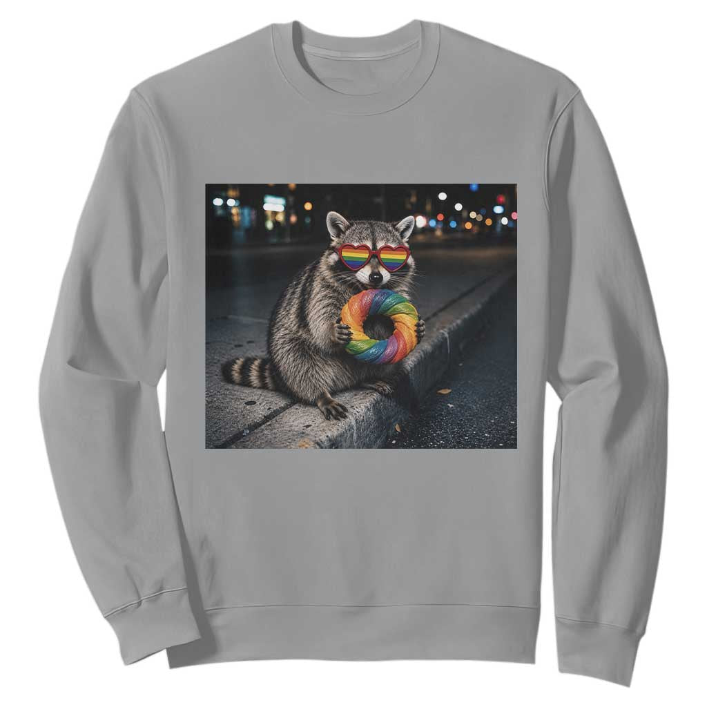 Raccoon Eating Baguette Graphic Sweatshirt Humorous Gay Pride Gift