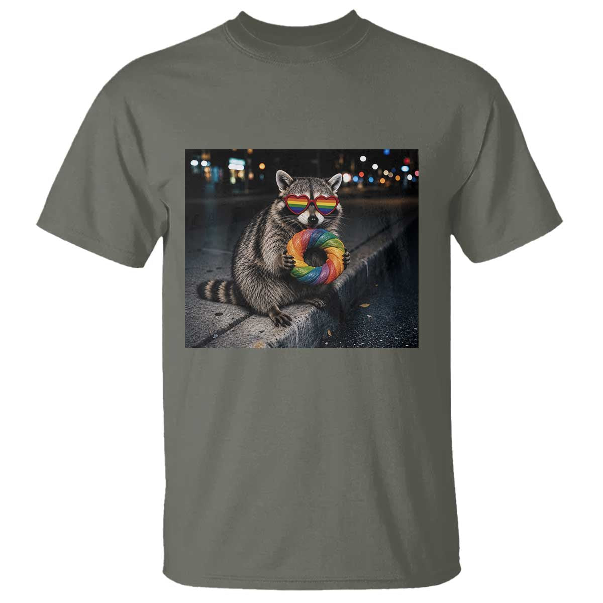 Raccoon Eating Baguette Graphic T Shirt Humorous Gay Pride Gift TS12 Military Green Print Your Wear