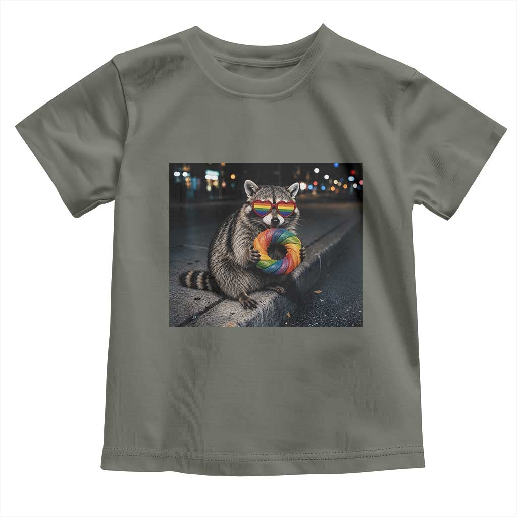 Raccoon Eating Baguette Graphic Toddler T Shirt Humorous Gay Pride Gift TS12 Military Green Print Your Wear