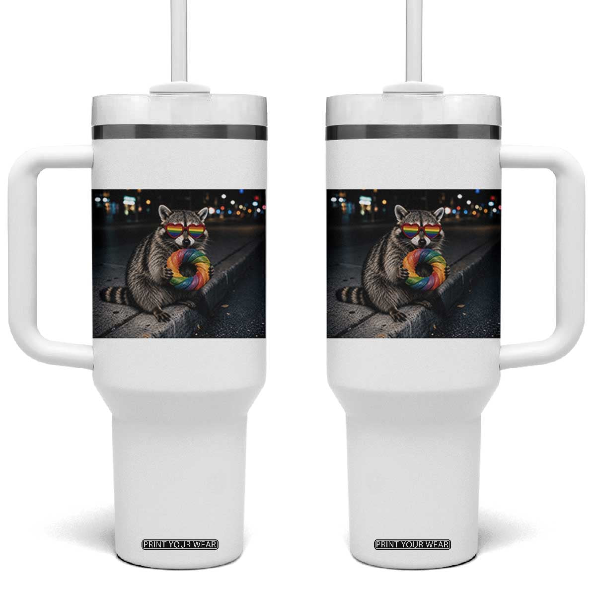Raccoon Eating Baguette Graphic Tumbler With Handle Humorous Gay Pride Gift TS12 One Size: 40 oz White Print Your Wear