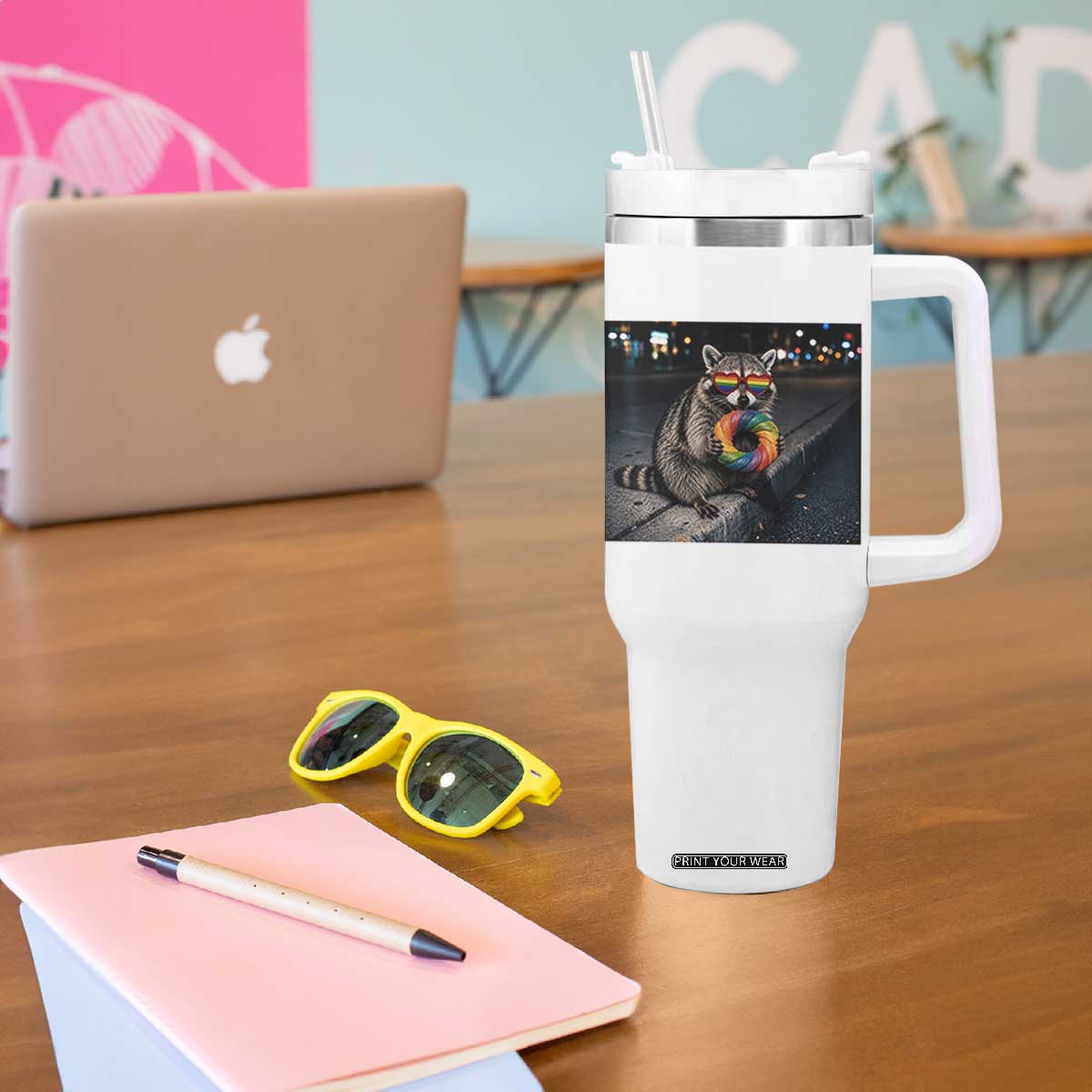 Raccoon Eating Baguette Graphic Tumbler With Handle Humorous Gay Pride Gift TS12 Print Your Wear