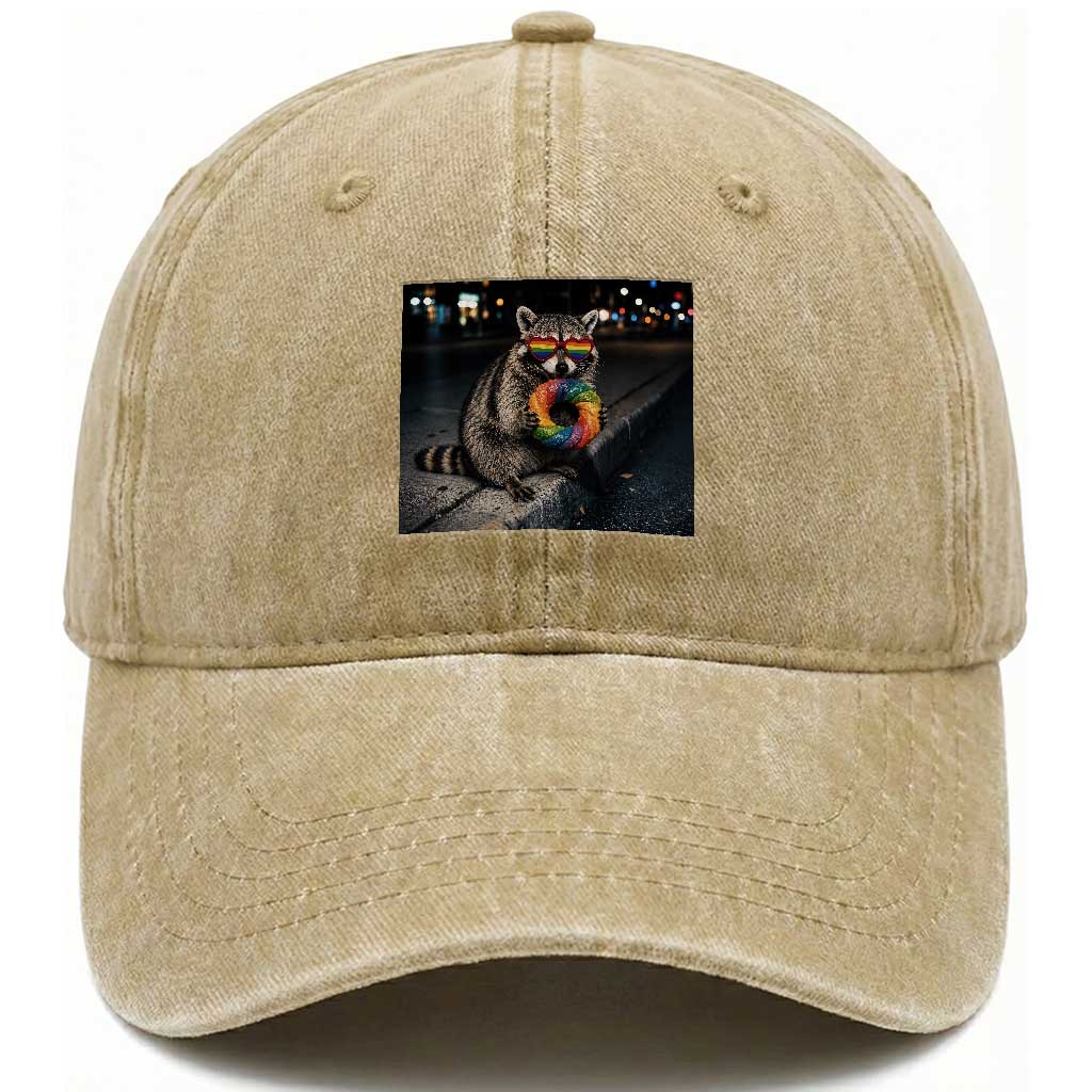 Raccoon Eating Baguette Graphic Washed Cotton Baseball Cap Humorous Gay Pride Gift