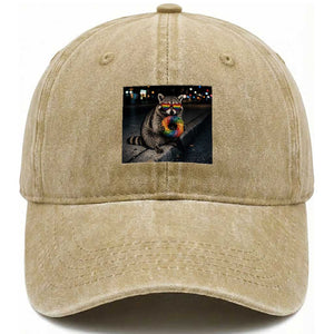 Raccoon Eating Baguette Graphic Washed Cotton Baseball Cap Humorous Gay Pride Gift