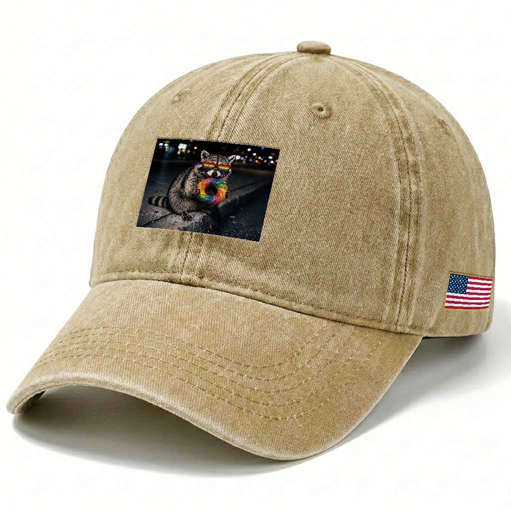 Raccoon Eating Baguette Graphic Washed Cotton Baseball Cap Humorous Gay Pride Gift
