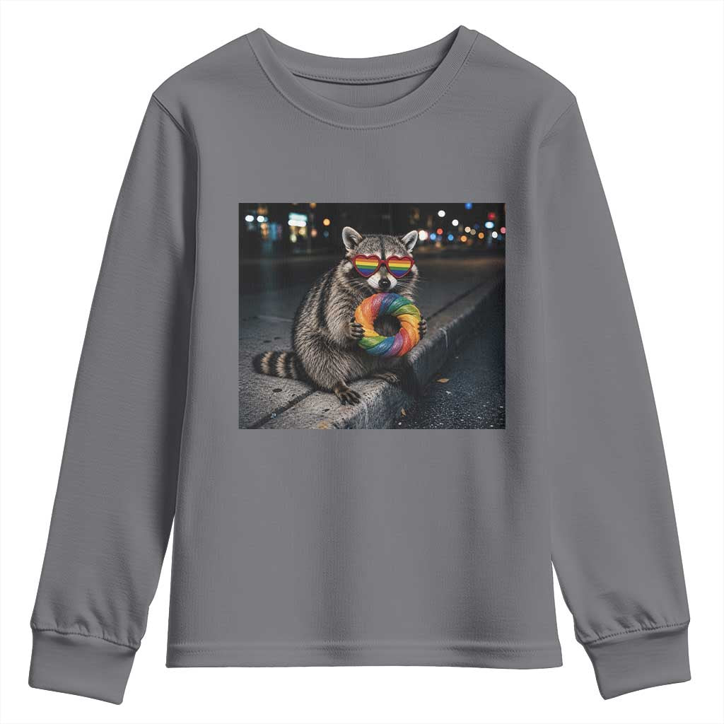 Raccoon Eating Baguette Graphic Youth Sweatshirt Humorous Gay Pride Gift