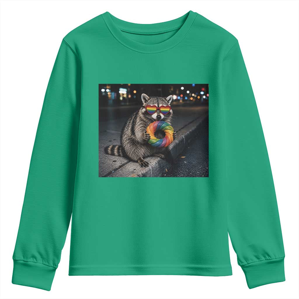 Raccoon Eating Baguette Graphic Youth Sweatshirt Humorous Gay Pride Gift