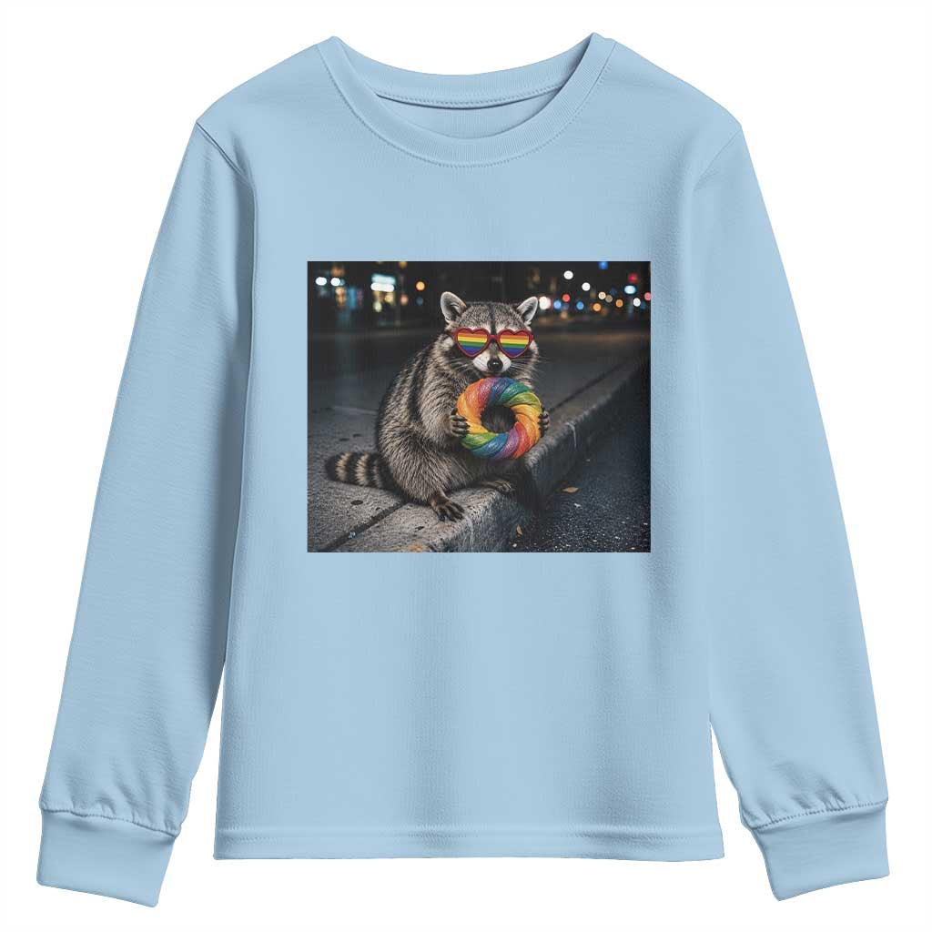 Raccoon Eating Baguette Graphic Youth Sweatshirt Humorous Gay Pride Gift