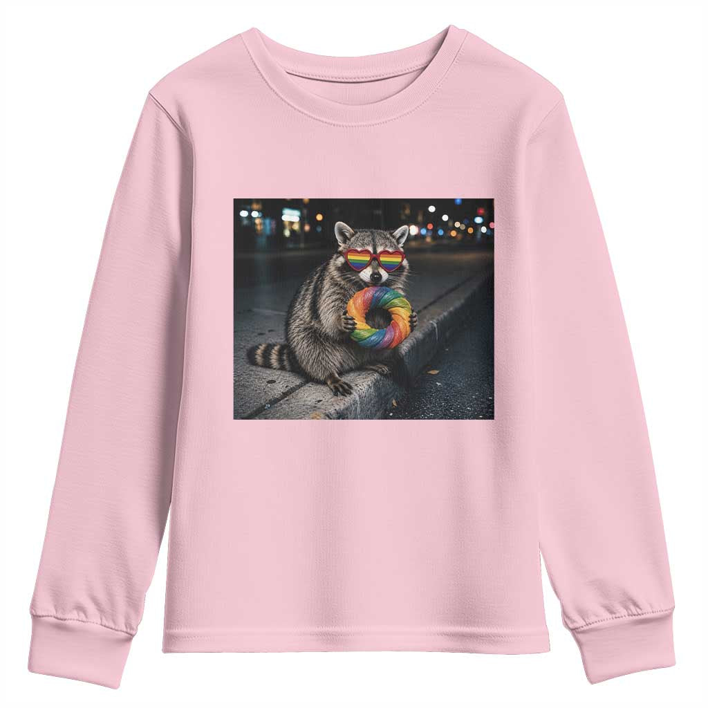 Raccoon Eating Baguette Graphic Youth Sweatshirt Humorous Gay Pride Gift