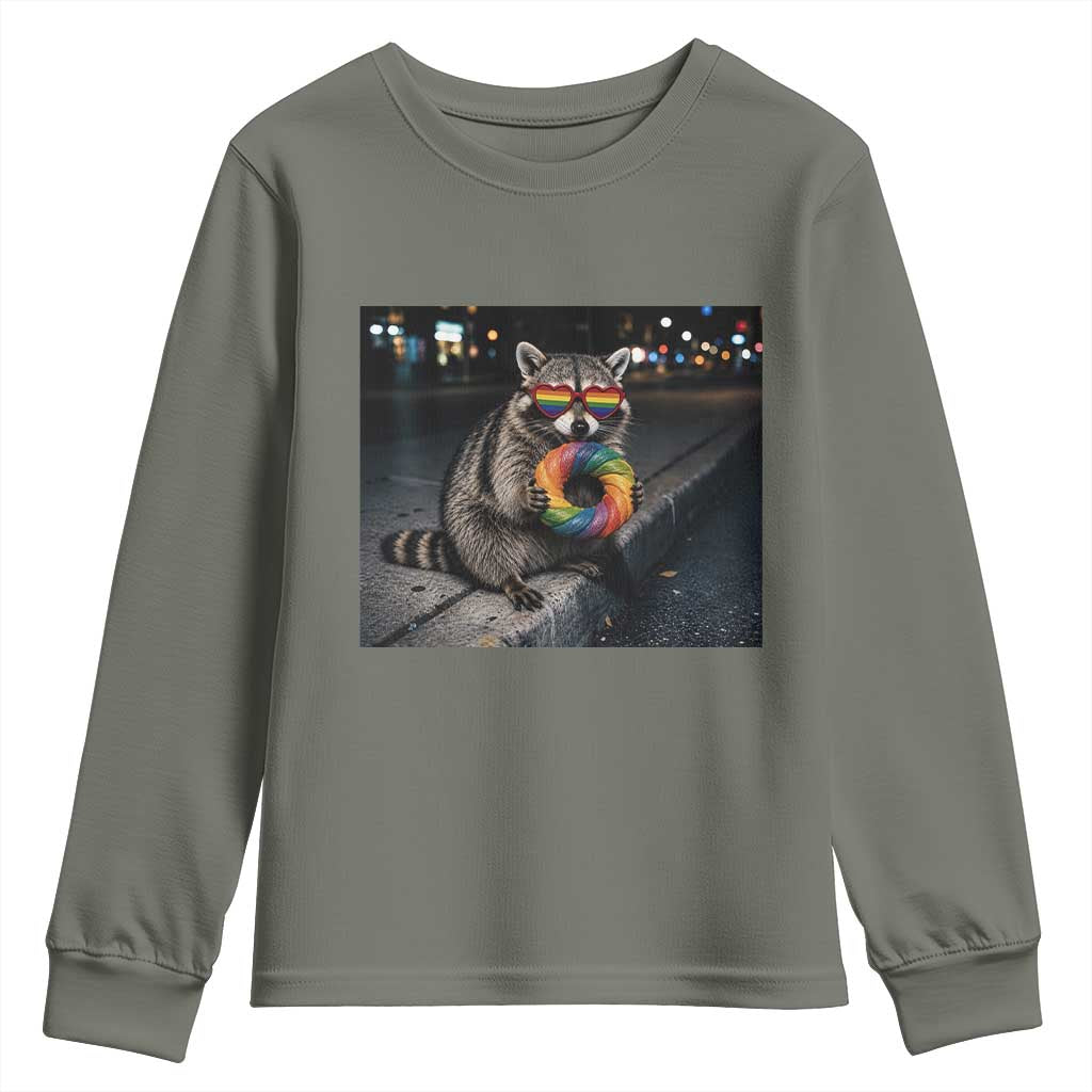 Raccoon Eating Baguette Graphic Youth Sweatshirt Humorous Gay Pride Gift