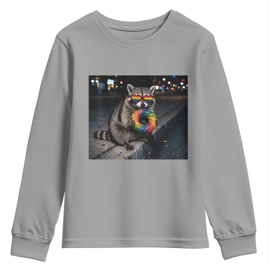 Raccoon Eating Baguette Graphic Youth Sweatshirt Humorous Gay Pride Gift
