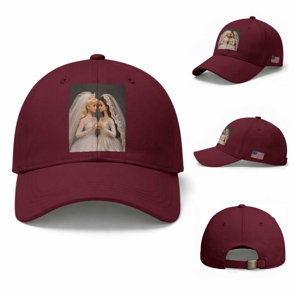 Funny Lesbian Doll Wedding Engagement Baseball Cap LGBTQ Pride Gift TS12 Baseball Cap Universal Fit Maroon Print Your Wear