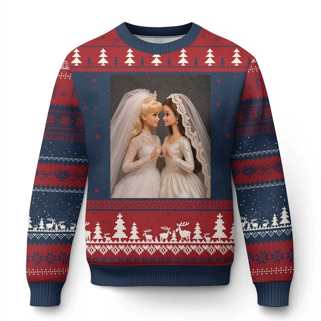 Funny Lesbian Doll Wedding Engagement Ugly Christmas Sweater LGBTQ Pride Gift TS12 Navy Red Print Your Wear