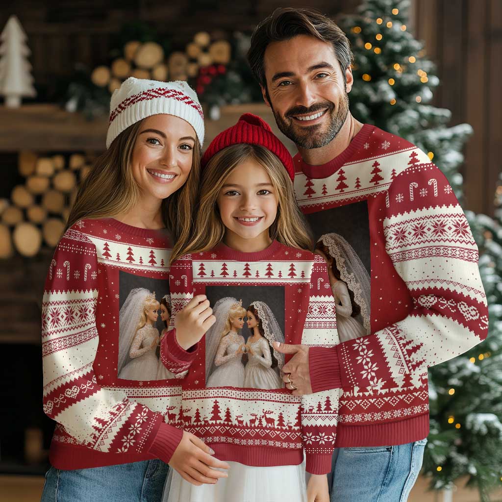 Funny Lesbian Doll Wedding Engagement Ugly Christmas Sweater LGBTQ Pride Gift TS12 Red Beige Print Your Wear