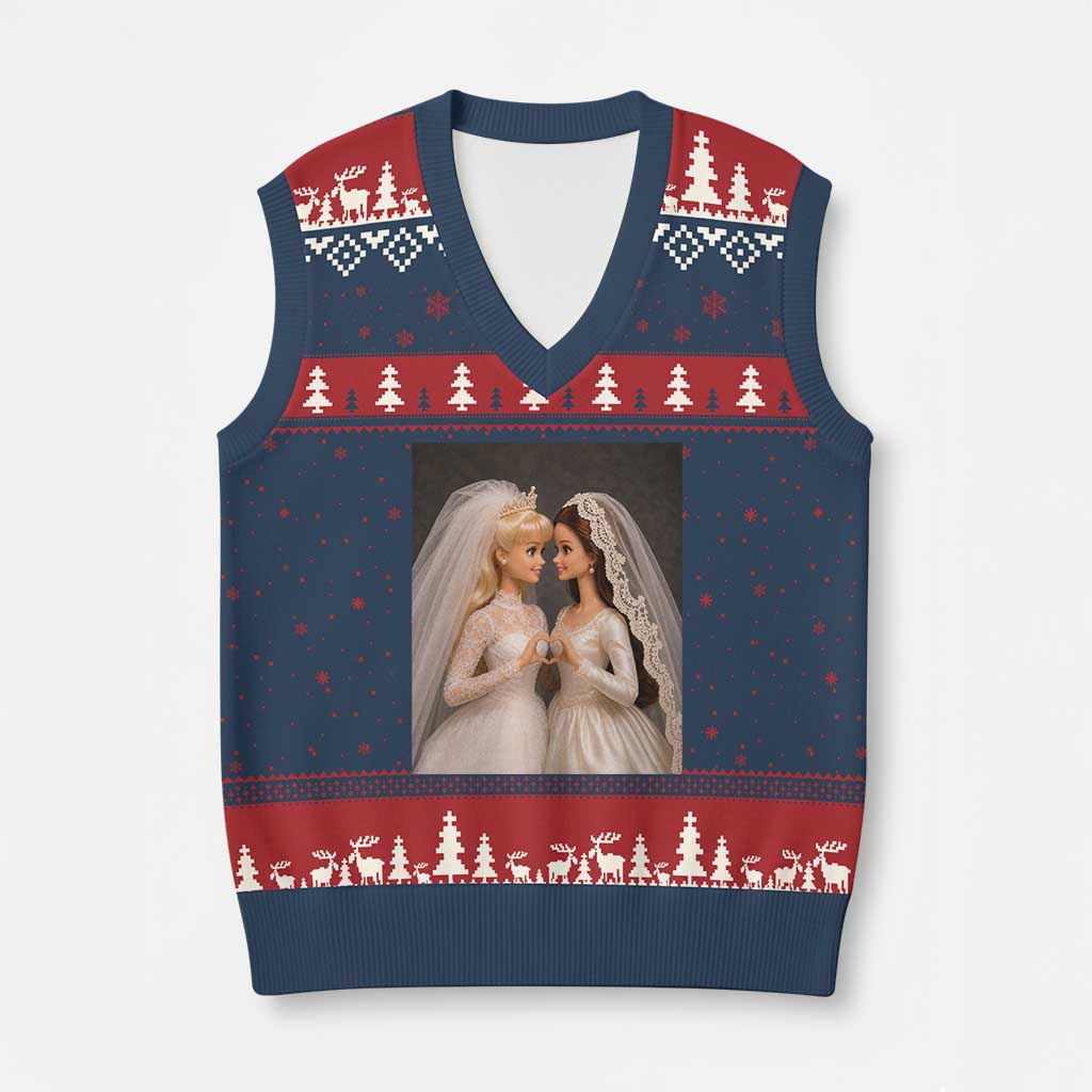 Funny Lesbian Doll Wedding Engagement V-Neck Knit Sweater Vest LGBTQ Pride Gift