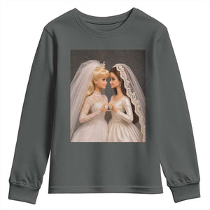 Funny Lesbian Doll Wedding Engagement Youth Sweatshirt LGBTQ Pride Gift TS12 Dark Heather Print Your Wear