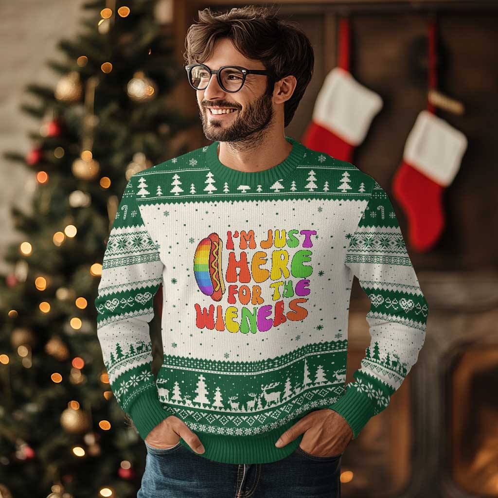 Funny Im Just Here For The Wieners Ugly Christmas Sweater LGBTQ Pride Party Gift TS12 Beige Green Print Your Wear