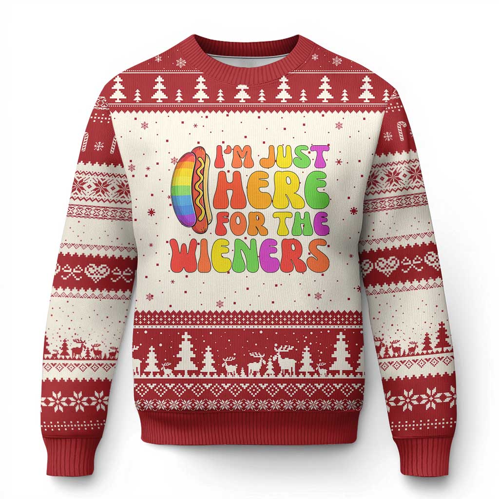 Funny Im Just Here For The Wieners Ugly Christmas Sweater LGBTQ Pride Party Gift TS12 Beige Red Print Your Wear