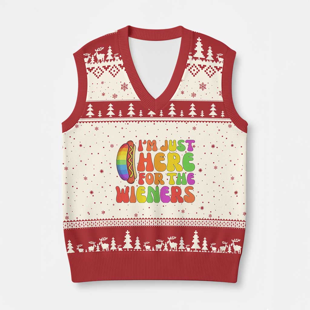 Funny Im Just Here For The Wieners V-Neck Knit Sweater Vest LGBTQ Pride Party Gift TS12 Beige Red Print Your Wear