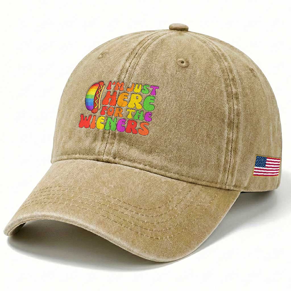 Funny Im Just Here For The Wieners Washed Cotton Baseball Cap LGBTQ Pride Party Gift
