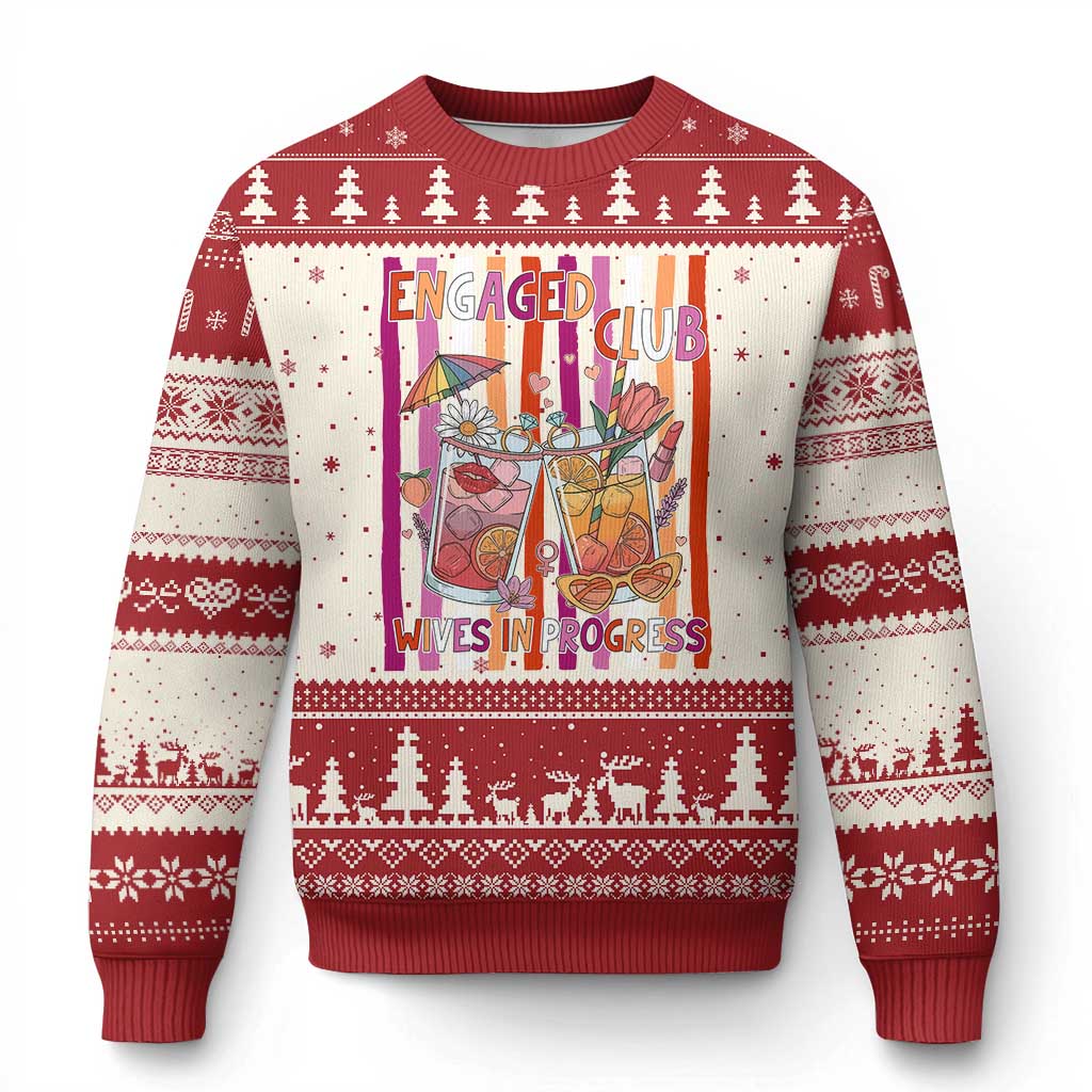 Engaged Club Wives In Progress Ugly Christmas Sweater Lesbian Bachelorette Engagement Gift TS12 Beige Red Print Your Wear
