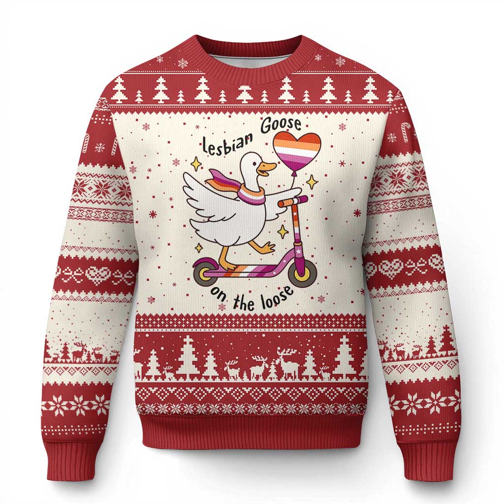 Lesbian Goose On The Loose Ugly Christmas Sweater Funny LGBTQ Animal Pride Gift TS12 Beige Red Print Your Wear