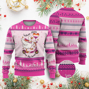 Lesbian Goose On The Loose Ugly Christmas Sweater Funny LGBTQ Animal Pride Gift TS12 Hot Pink Print Your Wear