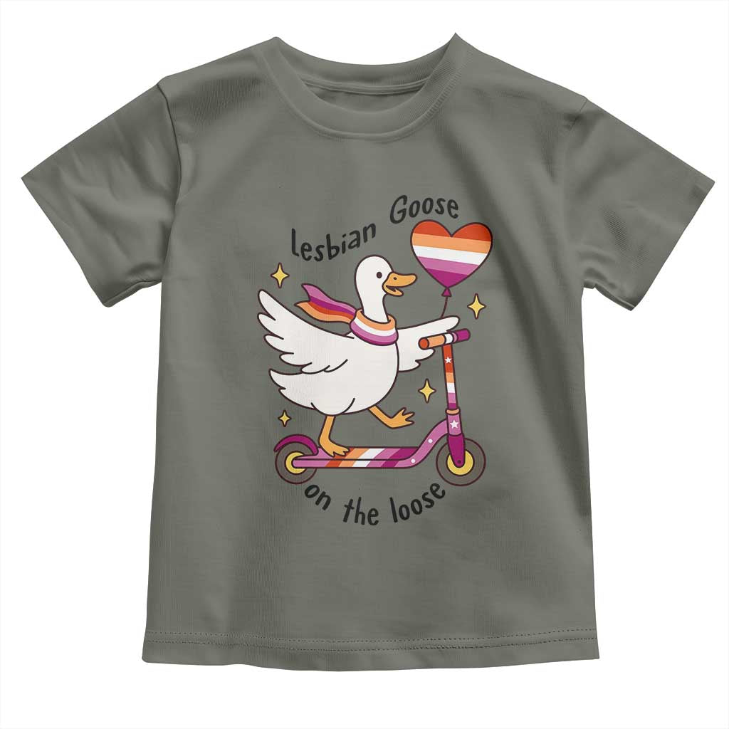 Lesbian Goose On The Loose Toddler T Shirt Funny LGBTQ Animal Pride Gift TS12 Military Green Print Your Wear