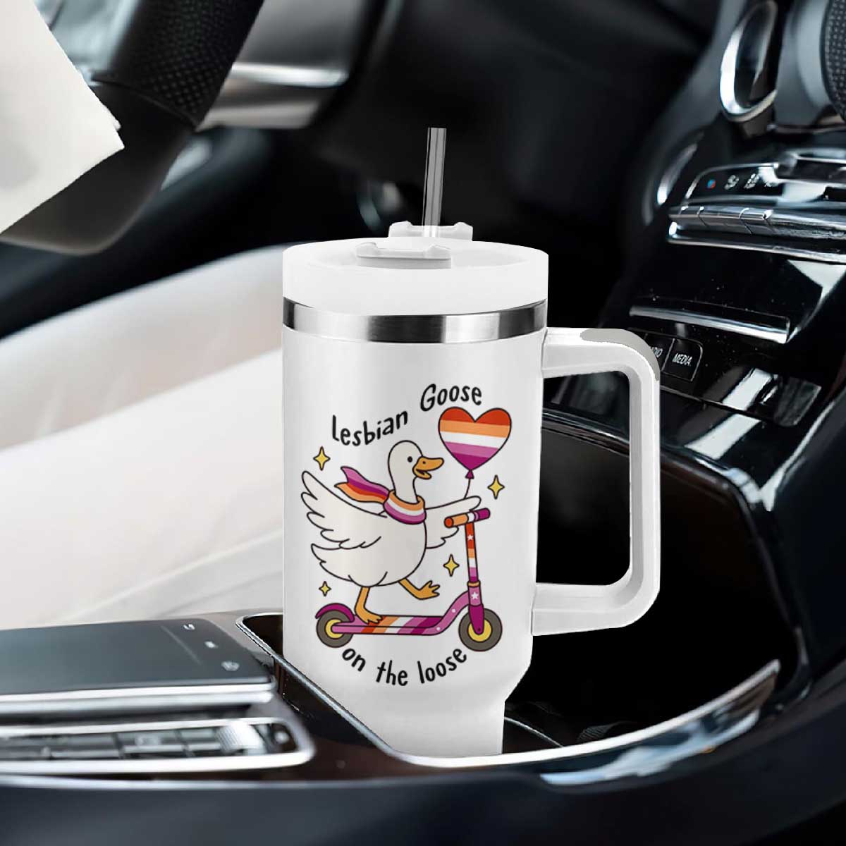 Lesbian Goose On The Loose Tumbler With Handle Funny LGBTQ Animal Pride Gift