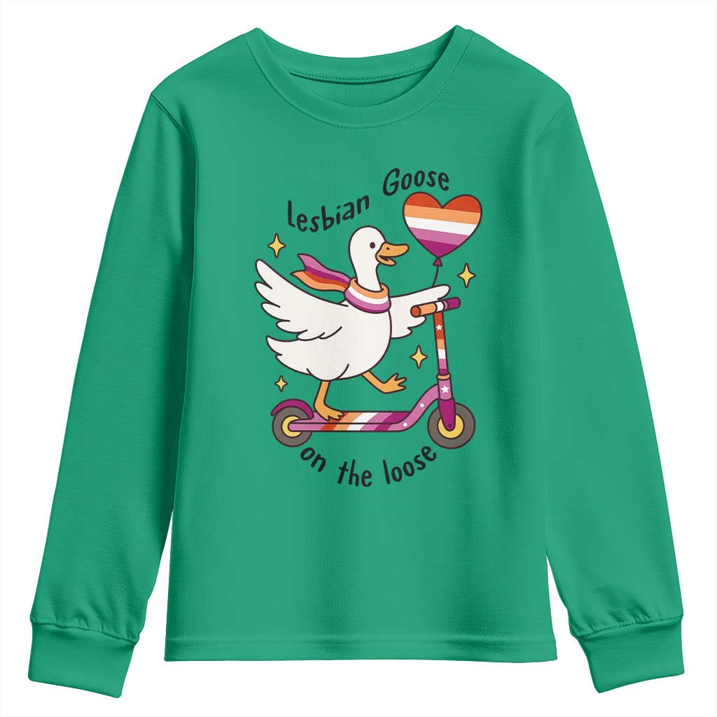 Lesbian Goose On The Loose Youth Sweatshirt Funny LGBTQ Animal Pride Gift TS12 Irish Green Print Your Wear