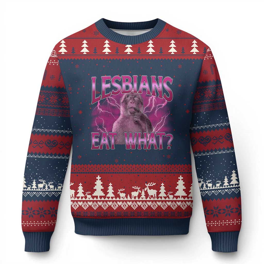 Funny Monkey Meme Lesbians Eat What Ugly Christmas Sweater LGBTQ Pride Gift