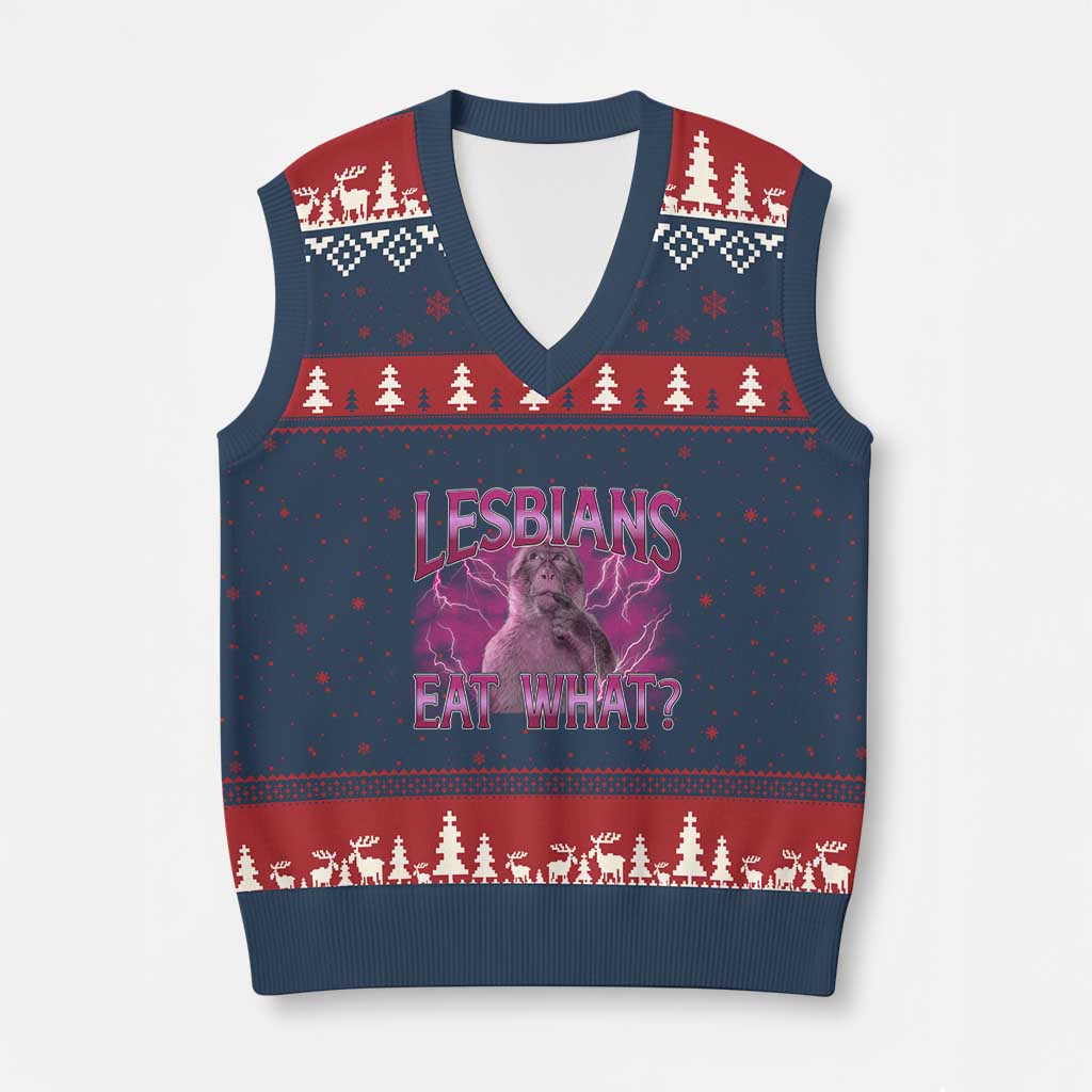 Funny Monkey Meme Lesbians Eat What V-Neck Knit Sweater Vest LGBTQ Pride Gift TS12 Navy Red Print Your Wear