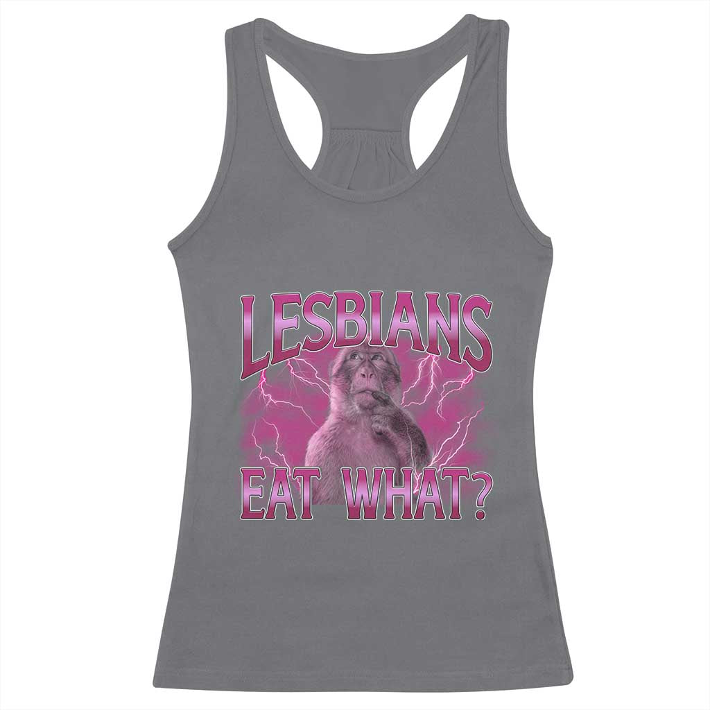 Funny Monkey Meme Lesbians Eat What Racerback Tank Top LGBTQ Pride Gift