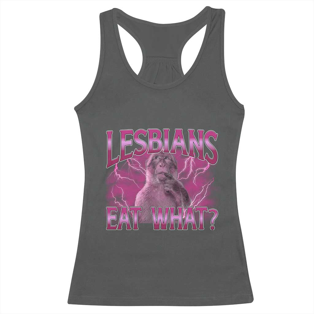 Funny Monkey Meme Lesbians Eat What Racerback Tank Top LGBTQ Pride Gift