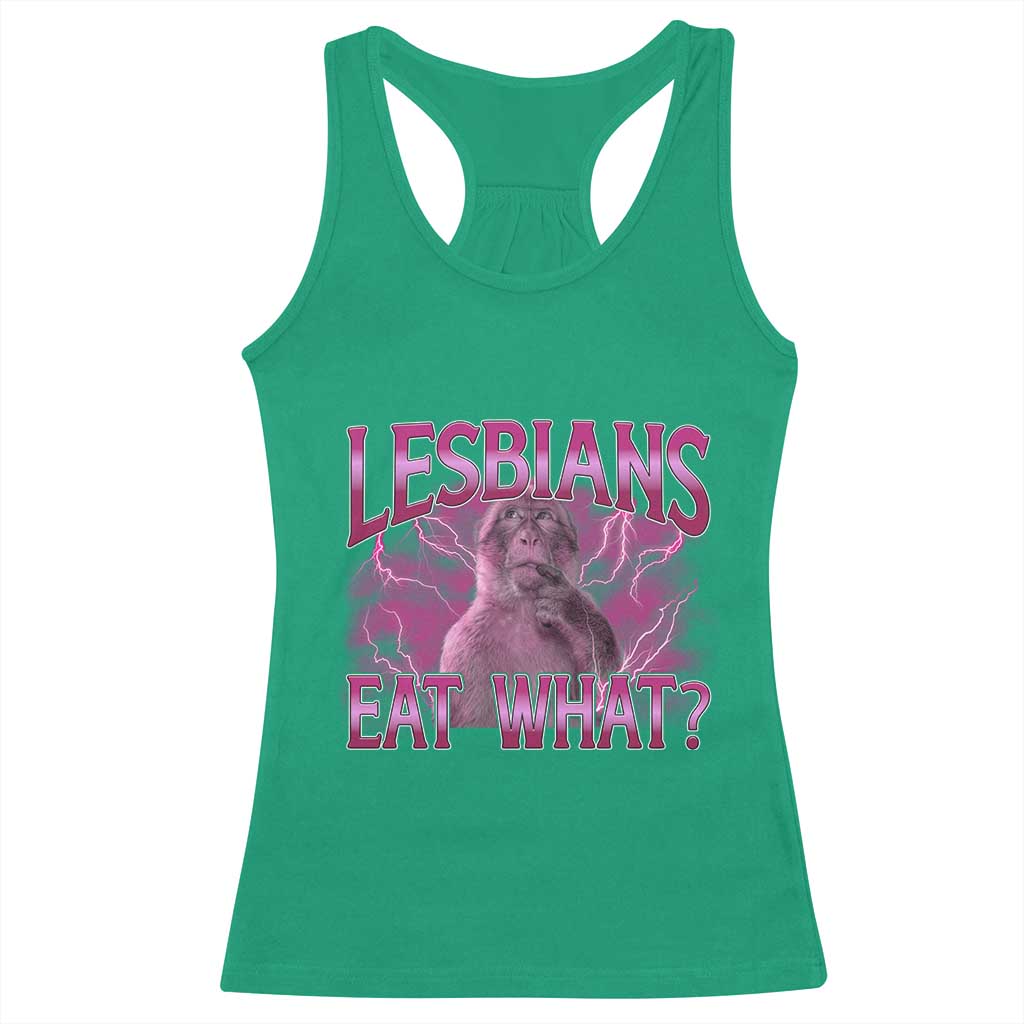 Funny Monkey Meme Lesbians Eat What Racerback Tank Top LGBTQ Pride Gift