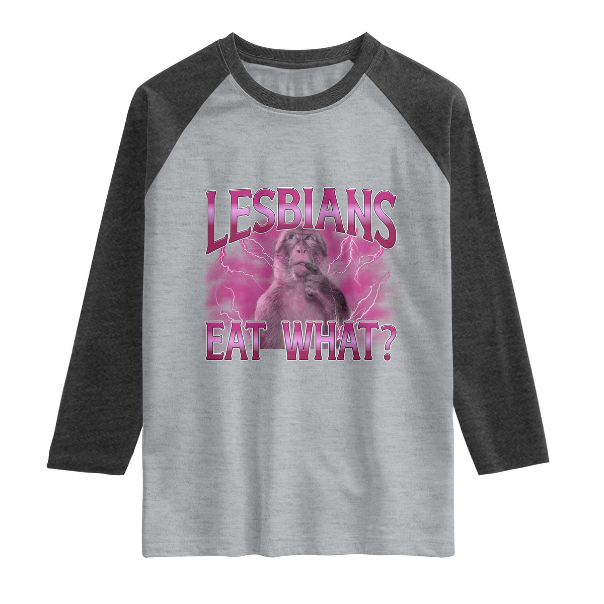 Funny Monkey Meme Lesbians Eat What Raglan Shirt LGBTQ Pride Gift TS12 Heather Gray Heather Charcoal Print Your Wear