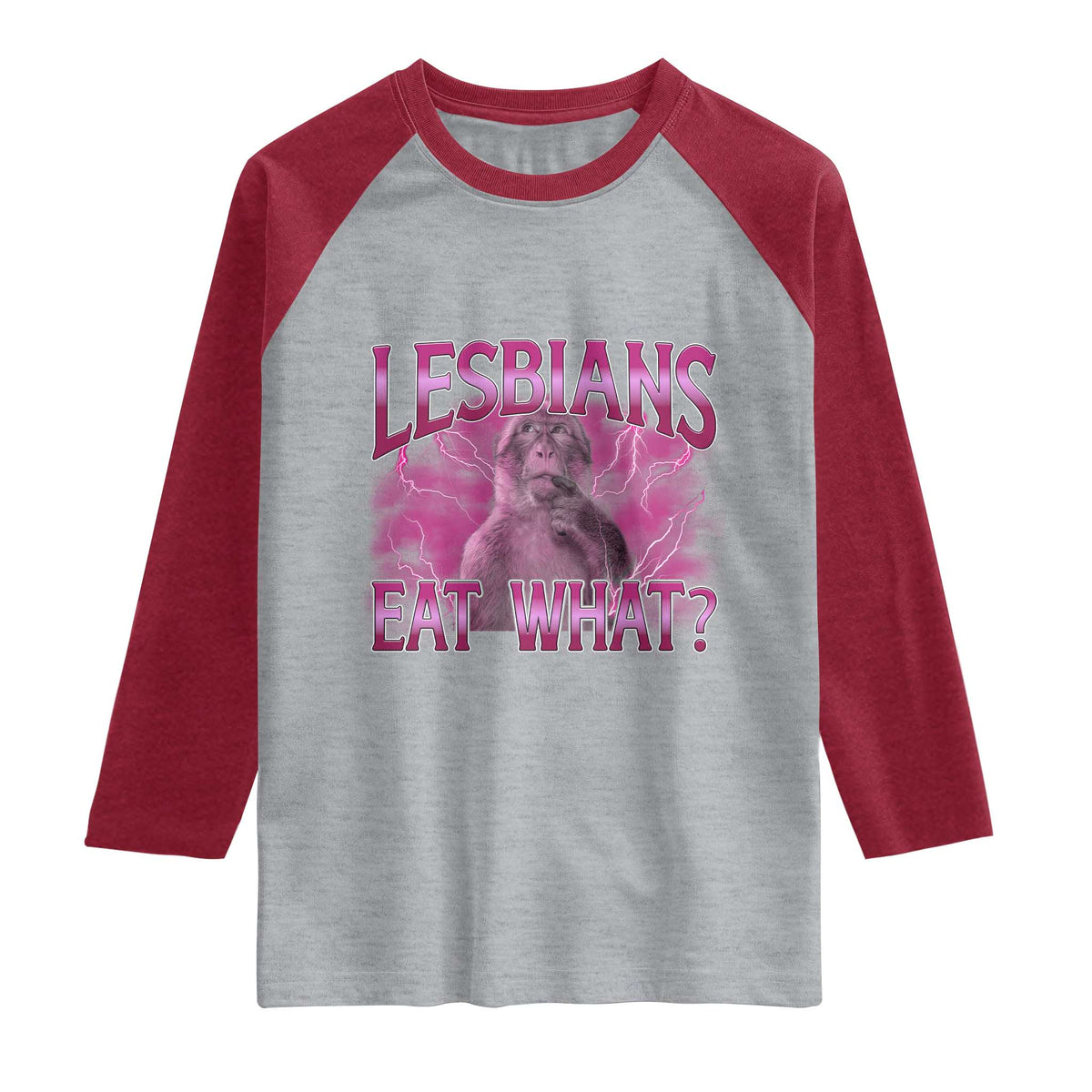 Funny Monkey Meme Lesbians Eat What Raglan Shirt LGBTQ Pride Gift TS12 Heather Gray Heather Red Print Your Wear