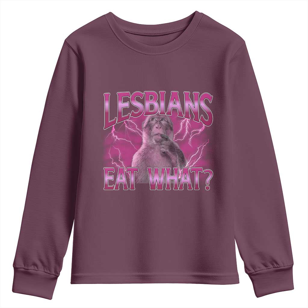 Funny Monkey Meme Lesbians Eat What Youth Sweatshirt LGBTQ Pride Gift TS12 Maroon Print Your Wear