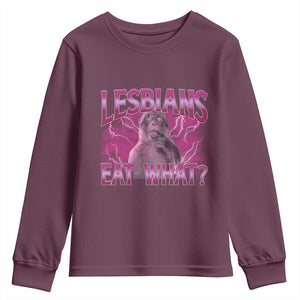 Funny Monkey Meme Lesbians Eat What Youth Sweatshirt LGBTQ Pride Gift TS12 Maroon Print Your Wear