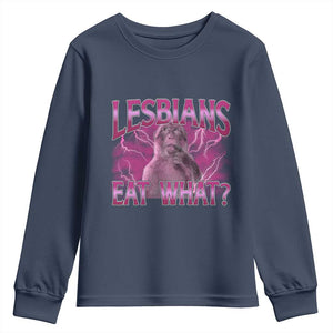 Funny Monkey Meme Lesbians Eat What Youth Sweatshirt LGBTQ Pride Gift TS12 Navy Print Your Wear