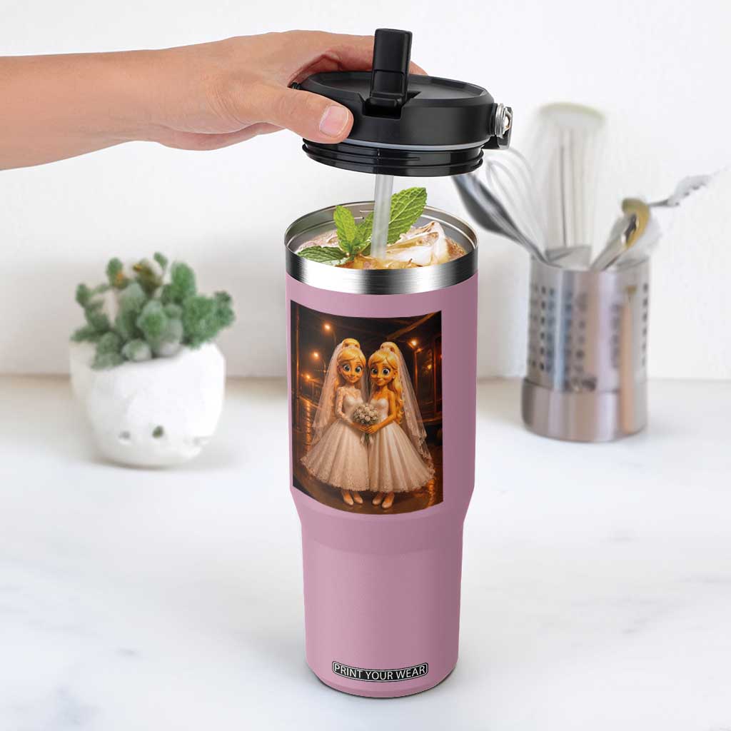 Funny Lesbian Pride Tung Tung Sahur Engagement Gift Flip Straw Tumbler TS12 One Size: 30 oz Light Pink Print Your Wear
