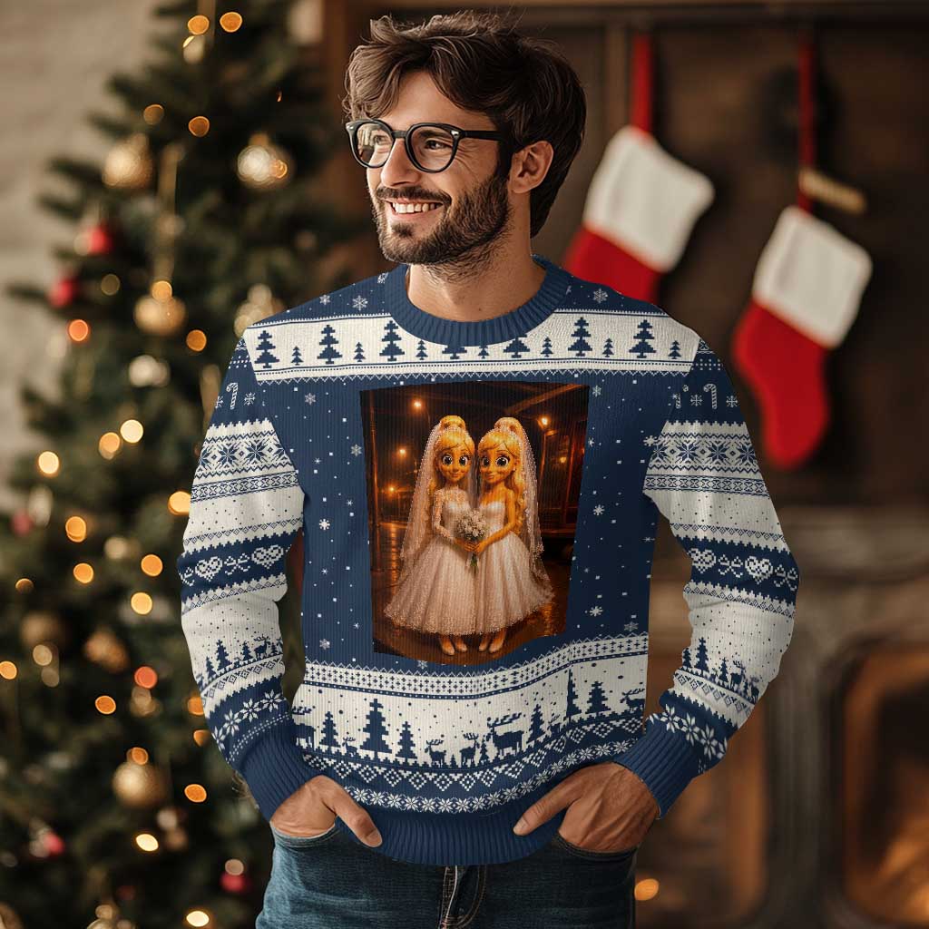 Funny Lesbian Pride Tung Tung Sahur Engagement Gift Ugly Christmas Sweater TS12 Navy Beige Print Your Wear