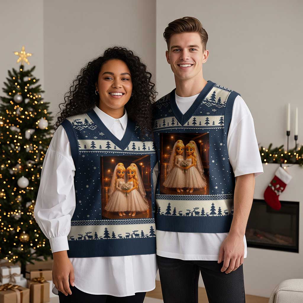 Funny Lesbian Pride Tung Tung Sahur Engagement Gift V-Neck Knit Sweater Vest TS12 Navy Beige Print Your Wear