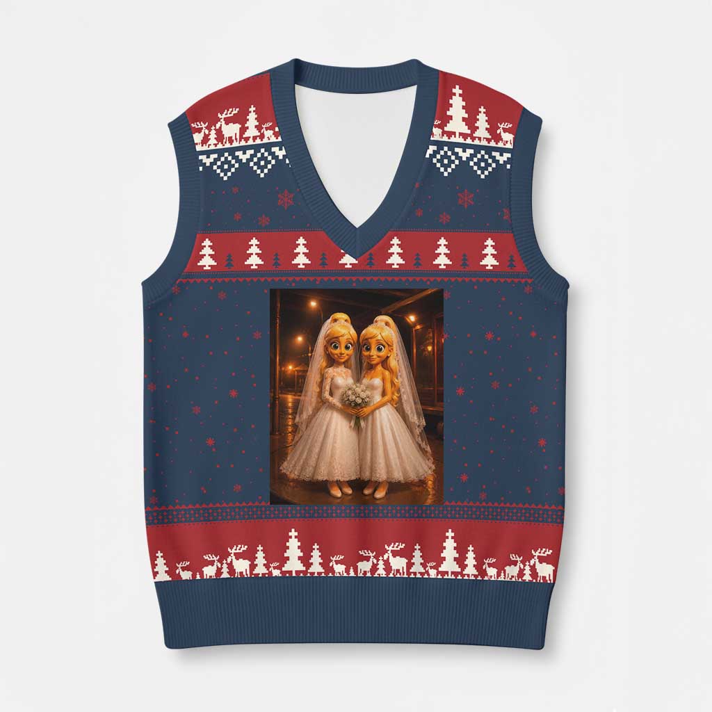Funny Lesbian Pride Tung Tung Sahur Engagement Gift V-Neck Knit Sweater Vest TS12 Navy Red Print Your Wear