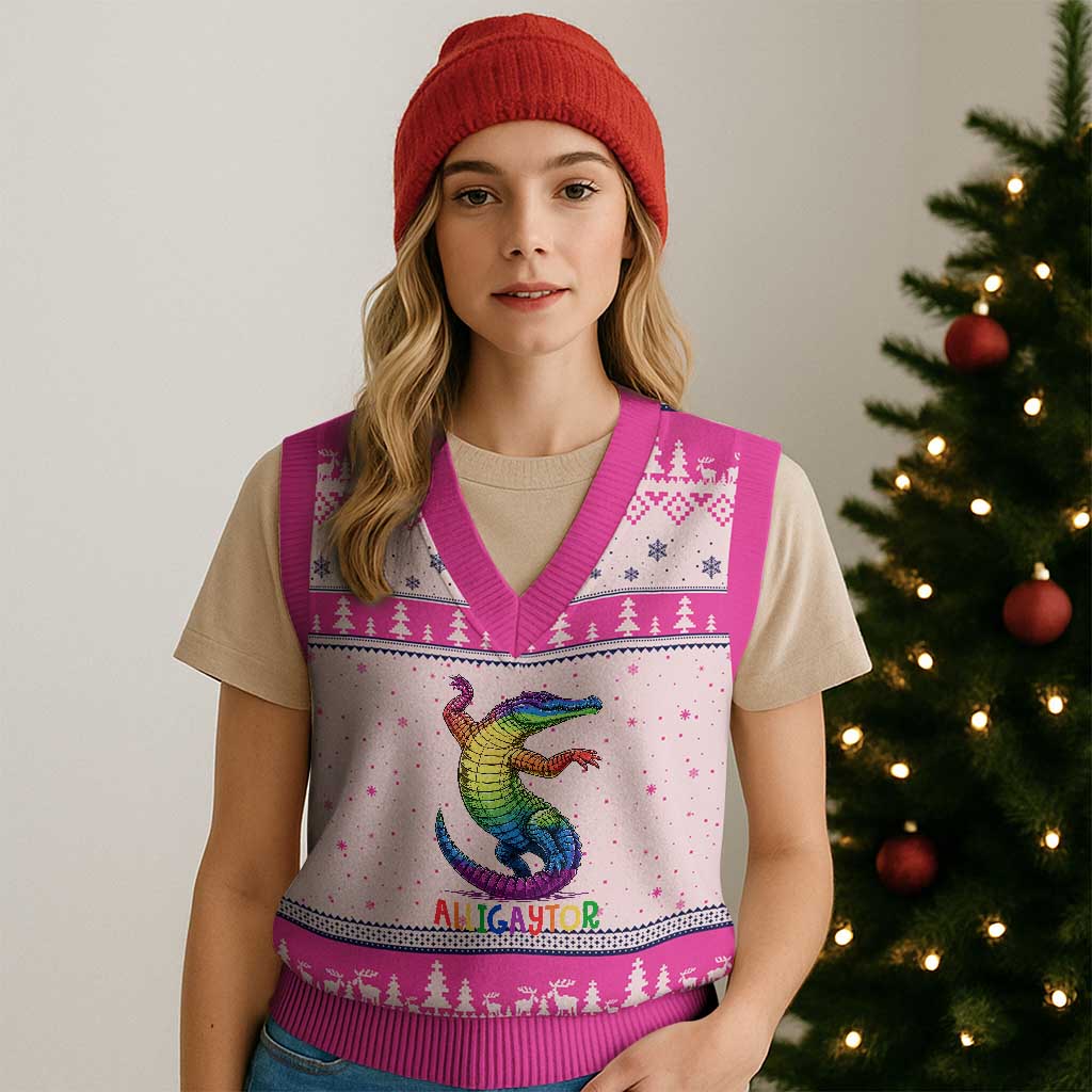 Alligaytor LGBTQ Pride Graphic V-Neck Knit Sweater Vest Queer Reptile Lovers