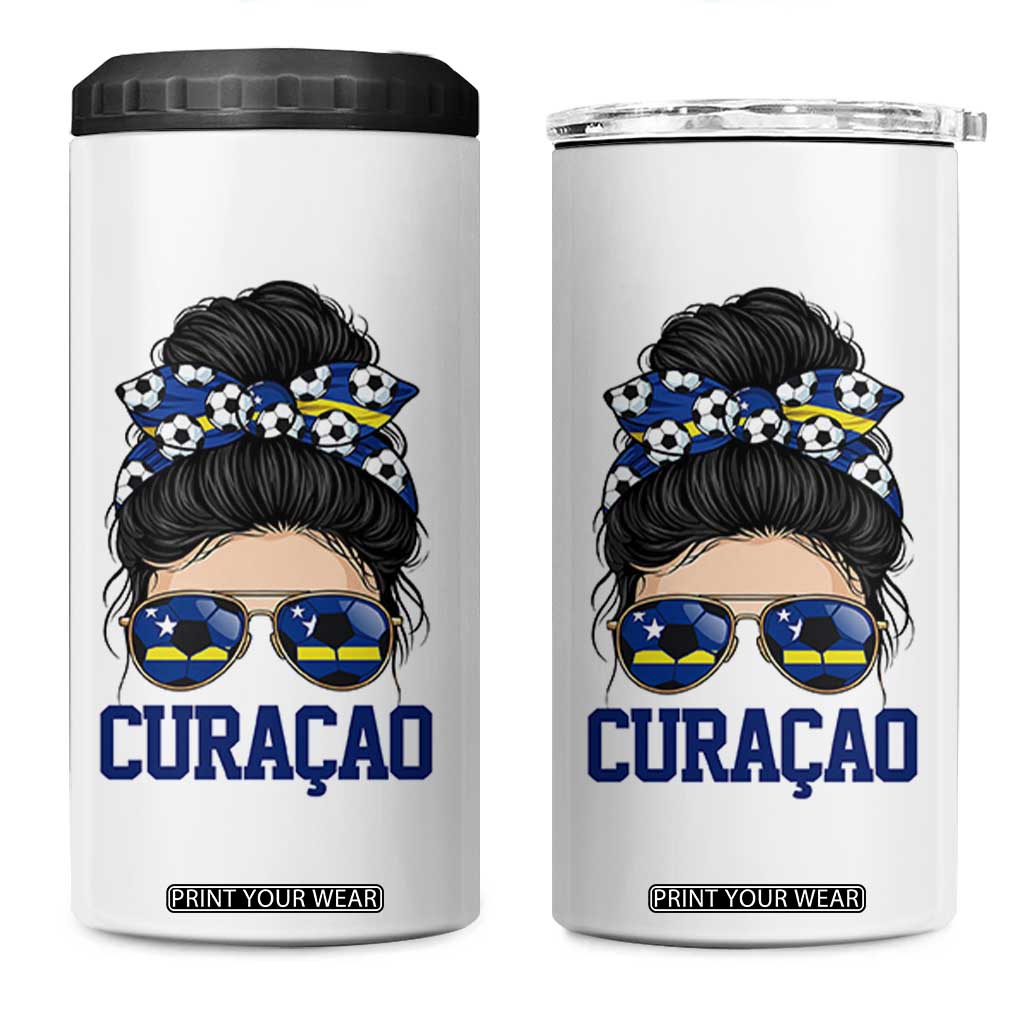 Curacao Soccer Messy Bun Girl 4 in 1 Can Cooler Tumbler Proud Curacaoan Heritage Gift